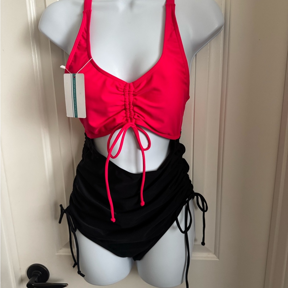 NWT Hot Pink & Black One Piece Swimsuit w/ Ruched Halter Neckline, Size Small